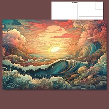  Psychedelic Ocean Sunset Postcard: Linear Manga Illustration  - £4.73 GBP