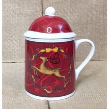 Vintage Wreath Reindeer Red Coffee Mug Cup with Lid Christmas Whimsical ... - $16.83