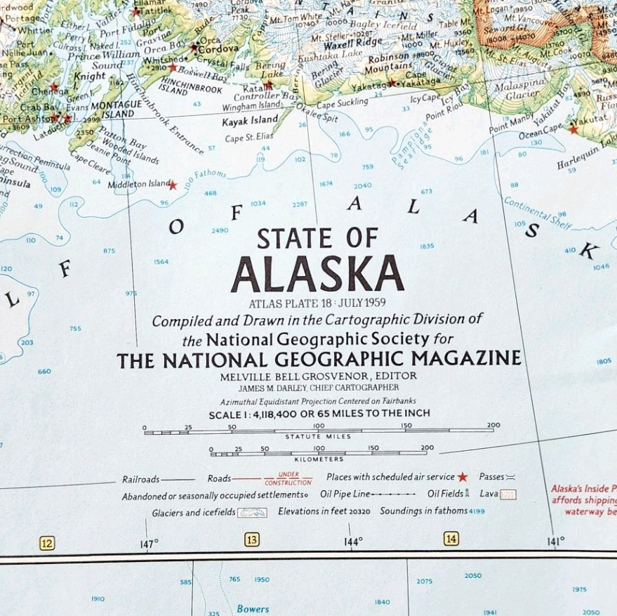 1959 Alaska United States Map National Geographic Vintage 34.5 x 19&quot; E6A - $29.99