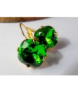 Gold Fern Green Cushion Cut Swarovski Earrings 4470 / Leverback Dangle &amp;... - $34.00