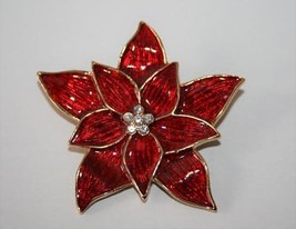 Vintage Signed Eisenberg Ice Rhinestone Red Enamel Poinsettia Brooch  J303 - £25.57 GBP