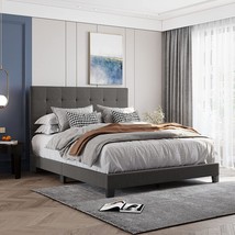Merax Upholstered Platform Bed Frame With Tufted Headboard, Queen, Gray - £204.27 GBP