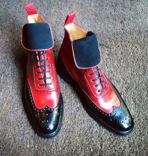 NEW Genuine Black Red Leather Party Wear High Ankle Lace up Handmade Men's Boots