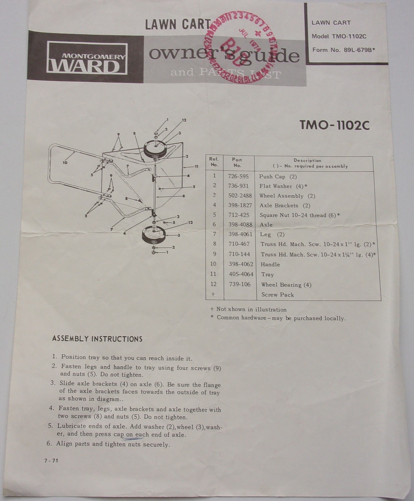 Vintage Montgomery Ward Lawn Cart Model TMO 1102c Owner’s Guide  Parts List 1974 - $2.99