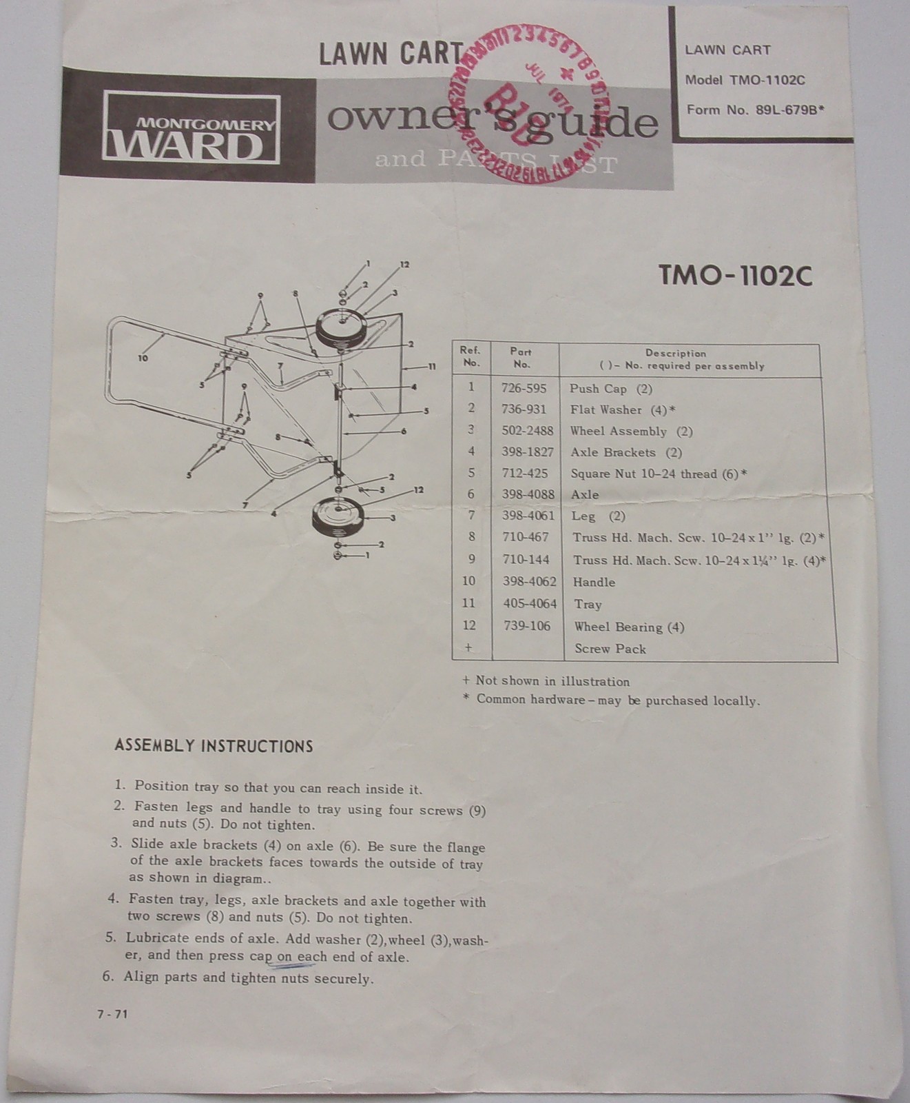 Vintage Montgomery Ward Lawn Cart Model TMO 1102c Owner’s Guide  Parts L... - $2.99