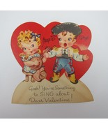 Vintage Valentine Blonde Girl Plays Banjo Boy Sings Costume Red Heart Am... - £6.28 GBP