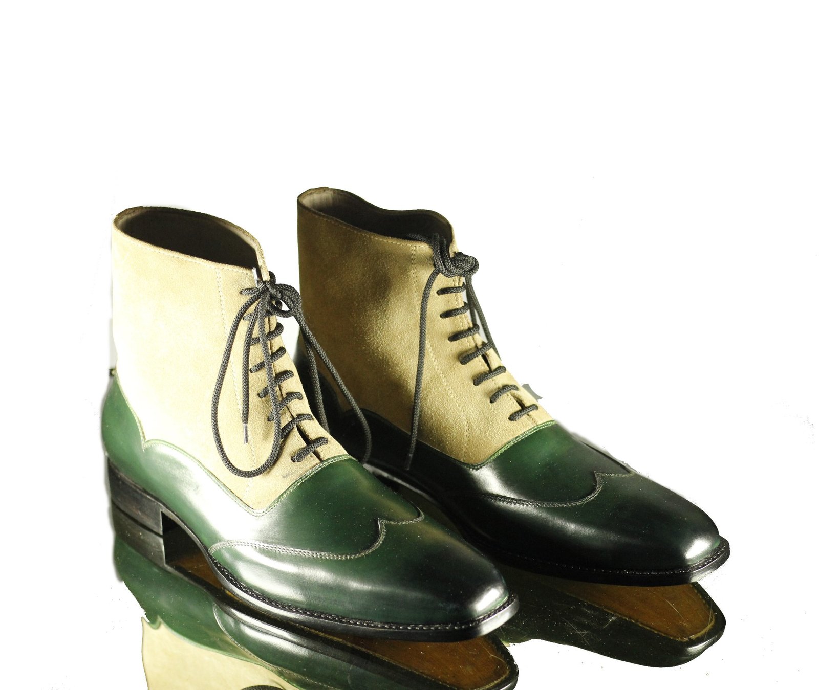 Handmade Men's Beige Green Leather Suede Wing Tip Lace Up Boots, Men Ankle Boots