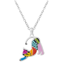 Colorful Mosaic Stretching Cat Pendant Necklace White Gold - £10.38 GBP