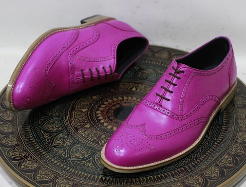 Men's Handmade Formal Leather Shoes Pink Leather Lace Up Stylish Wing Tip Dress