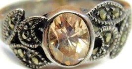 Vintage Women Ring Citrine &amp; Marcasite Sterling Silver Patina 3.45g SZ 6 1/2 - £47.47 GBP