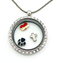 Silver Tone Crystal Locket Necklace Mom Paw Cross Charms - £18.99 GBP