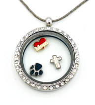 Silver Tone Crystal Locket Necklace Mom Paw Cross Charms - $23.76