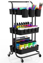 3-Tier Rolling Mobile Utility Cart With Hanging Cups &amp; Hooks &amp; Handle, Black - £43.95 GBP