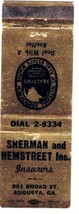 Matchbook Cover Sherman &amp; Hemstreet Insurance Augusta Georgia - £1.54 GBP