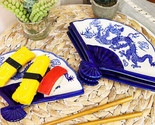 Ebros Set Of 4 Blue And White Dragon King Oriental Fan Shaped Sushi Plates - £35.03 GBP