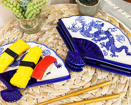 Ebros Set Of 4 Blue And White Dragon King Oriental Fan Shaped Sushi Plates - £35.24 GBP