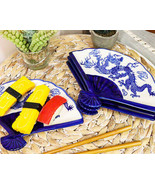 Ebros Set Of 4 Blue And White Dragon King Oriental Fan Shaped Sushi Plates - £35.24 GBP
