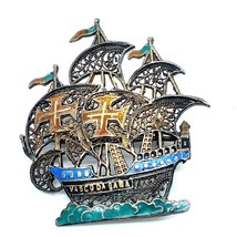 Vintage Sterling Vasco da Gama Filigree Enamel Portugal Galleon Ship Brooch Pin - £38.77 GBP