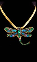 Large Monet dragonfly necklace - big rhinestone brooch dramatic green statement - £98.20 GBP