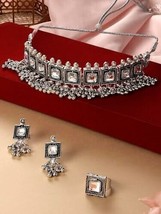 Silver Tone Oxidised Kundan Stone Bead Choker Necklace Earring Ring Jewelry Set - £17.94 GBP