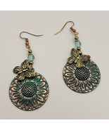 Sunflower Butterfly Gold Green Ear Hook Boho Drop Earrings - $17.46