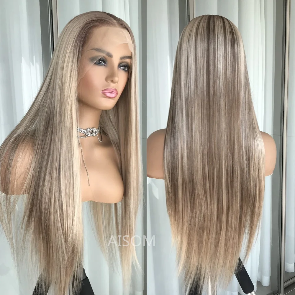 Highlight Brown Straight Lace Front Wig Glueless Synthetic Lace Wigs Blonde with - £60.65 GBP