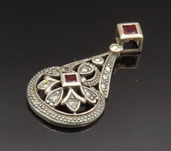 925 Silver - Vintage Garnet &amp; Marcasite Pear Shaped Dome Pendant - PT20717 - £26.01 GBP