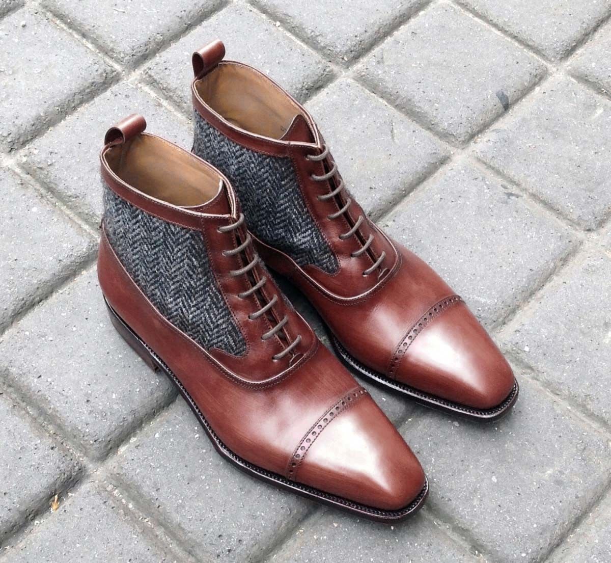 New Handmade Brown Leather Ankle Boots,Tweed Casual Cap Toe Boot New Formal Boo