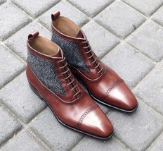  New Handmade Brown Leather Ankle Boots,Tweed Casual Cap Toe Boot New Formal Boo - £122.27 GBP