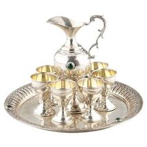 800 SILVER TRAY, PITCHER + 6 SMALL CHALICE CUPS GOBLETS - $3,132.64