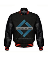 New Black American Letterman College Varsity Jacket &amp; Real Leather Sleev... - $135.38 CAD
