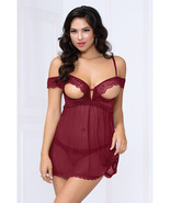 Lace &amp; Mesh Open Cups Babydoll W/fly Away Back &amp; Panty Wine Xl - $18.85