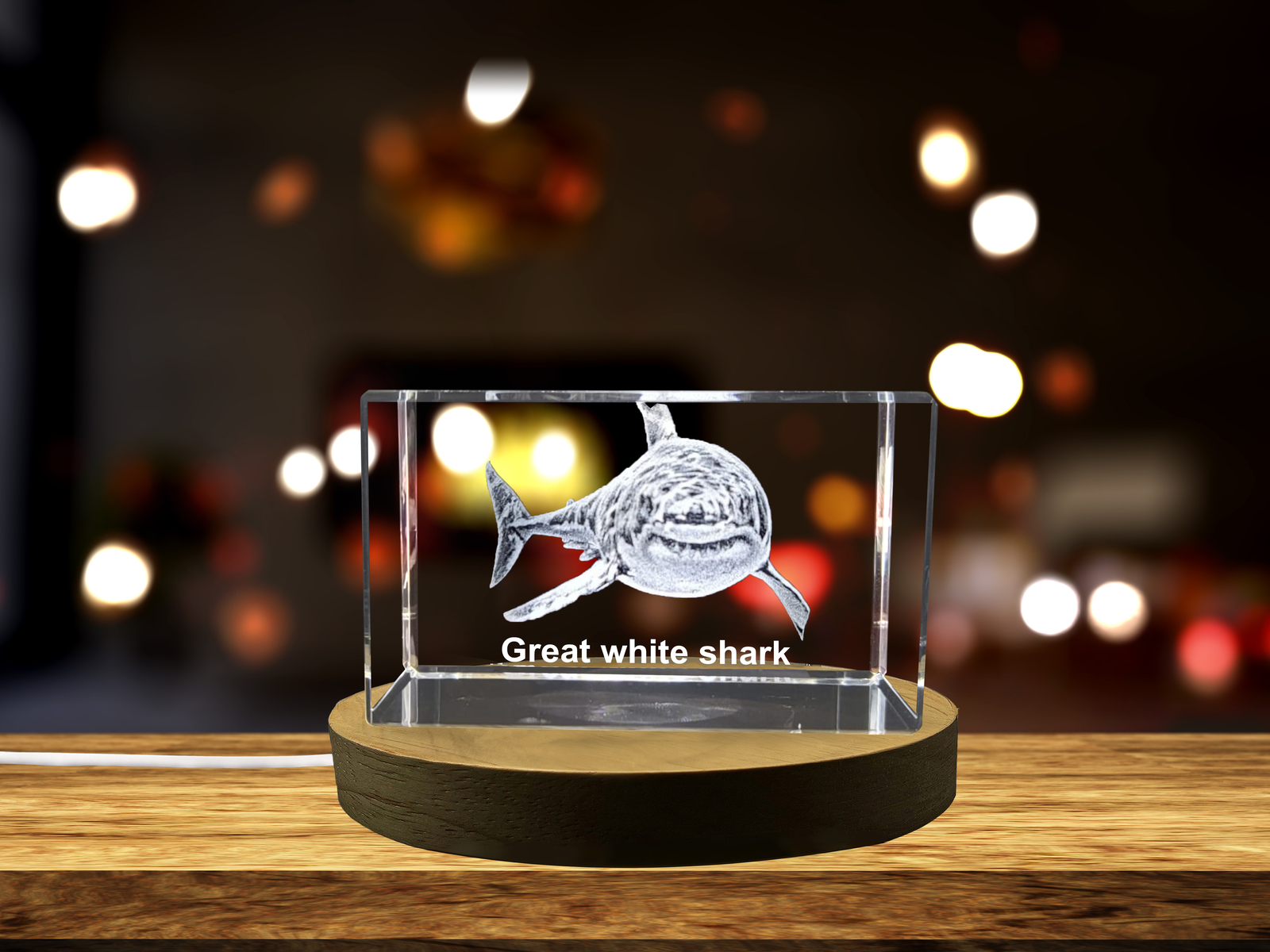 LED Base included | Majestic 3D Engraved Crystal | Great White Shark