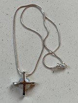 925 Marked Tubular Silver Snake Chain w Round White Stone &amp; Silver Cross Overlay - $22.26