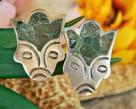 Vintage Aztec Mayan Face Mexican Silver Turquoise Earrings Screwback - £17.54 GBP