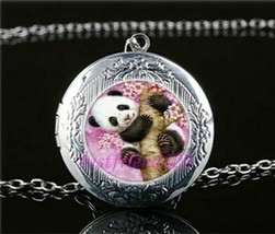 Panda Pink Branch LOCKET Pendant Silver Chain Necklace USA Ship #128 - £11.73 GBP