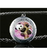 Panda Pink Branch LOCKET Pendant Silver Chain Necklace USA Ship #128 - £11.80 GBP