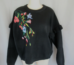 Woven Heart sweater crew neck M black embroidered flowers ruffle long sl... - $16.61