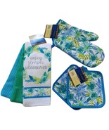 FLORAL Design KITCHEN SET 6pc Dish Towels Potholders Oven Mitt Blue Flow... - £12.18 GBP