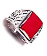Red Coral Gemstone 925 Silver Overlay Handmade Vintage Antique Flat Ring... - $23.18 CAD