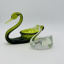 Viking Swan Pair Figurines Art Glass Green Avocado Clear Vintage Home Decor - $44.10