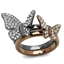 Brown and Gunmetal Plated Butterfly Ring Set Clear Crystal Stainless Steel TK316 - £17.52 GBP