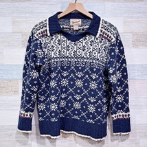 Woolrich Vintage Wool Fair Isle Tipped Polo Sweater Blue Fisherman Womens Small - £40.19 GBP