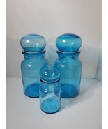 RARE Vtg Blue Glass Apothecary Bubble Lid Jars Bottles Set Of 3 MCM Belgium - £80.76 GBP