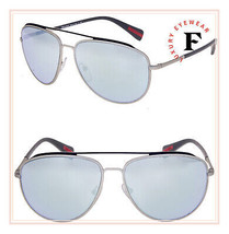 Prada Linea Rossa Brushed Silver Blue 55R Mirrored Aviator Sunglasses PS55RS - £192.28 GBP