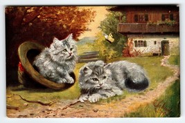 Charming Cat Grey Fluffy Kittens Butterfly Artist Signed Schropler Germany - $19.00