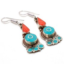 Tibetan Turquoise Coral Handmade Bohemian Jewelry Earrings Nepali 2.20&quot; SA 2965 - £6.22 GBP
