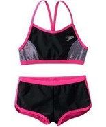 Girls Swimsuit Speedo Racerback Bikini 2 Pc Black Pink Bathing Suit $44 ... - £16.35 GBP
