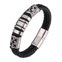 Fashion Mens Womens Titanium Steel Double Braided Leather Bracelet Stainless Mag - £14.28 GBP
