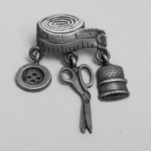 JJ Jonette  Pewter Tape Measure Tac Pin Rare Three Dangling Sewing Charms - £18.87 GBP